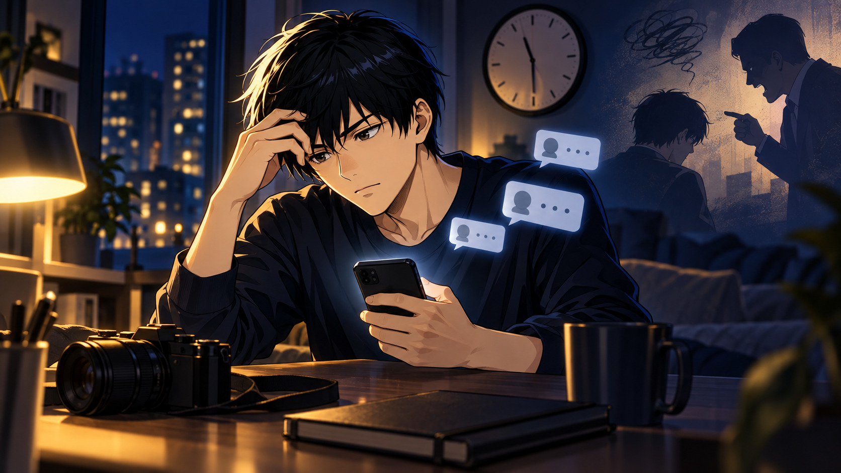 夜も仕事の連絡が気になり、自分の時間を過ごせずにいる主人公